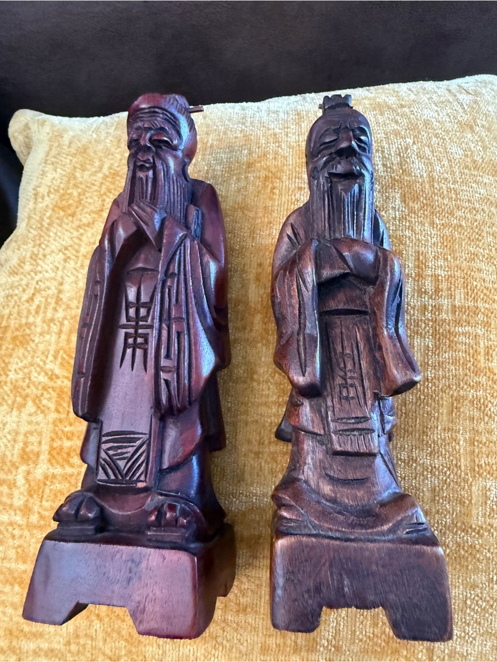 VINTAGE CHINESE WOODEN HAND CARVED STATUE OLD MAN FIGURINES LOT OF 2